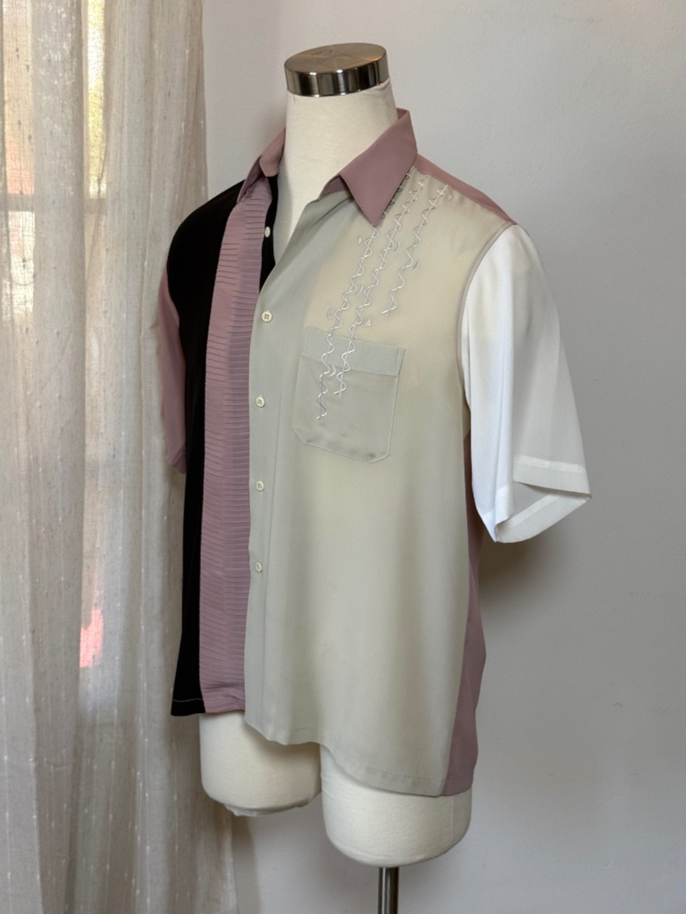 Vintage St. Torosa Color Block Retro Resort Shirt Pink Cream Black L